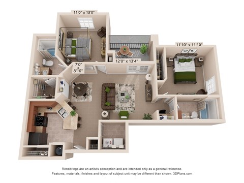 Floor plan for 2 beds, 2 baths, 1054 sqft